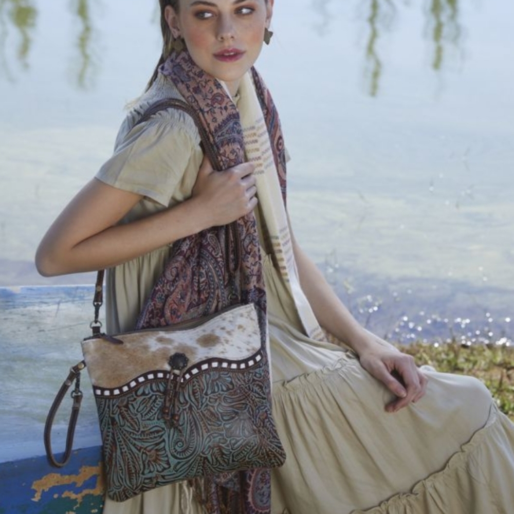 Myra Bag Brown Hair-on Cowhide and Turquoise Tooled Leather Shoulder Bag - Picture 10 of 11
